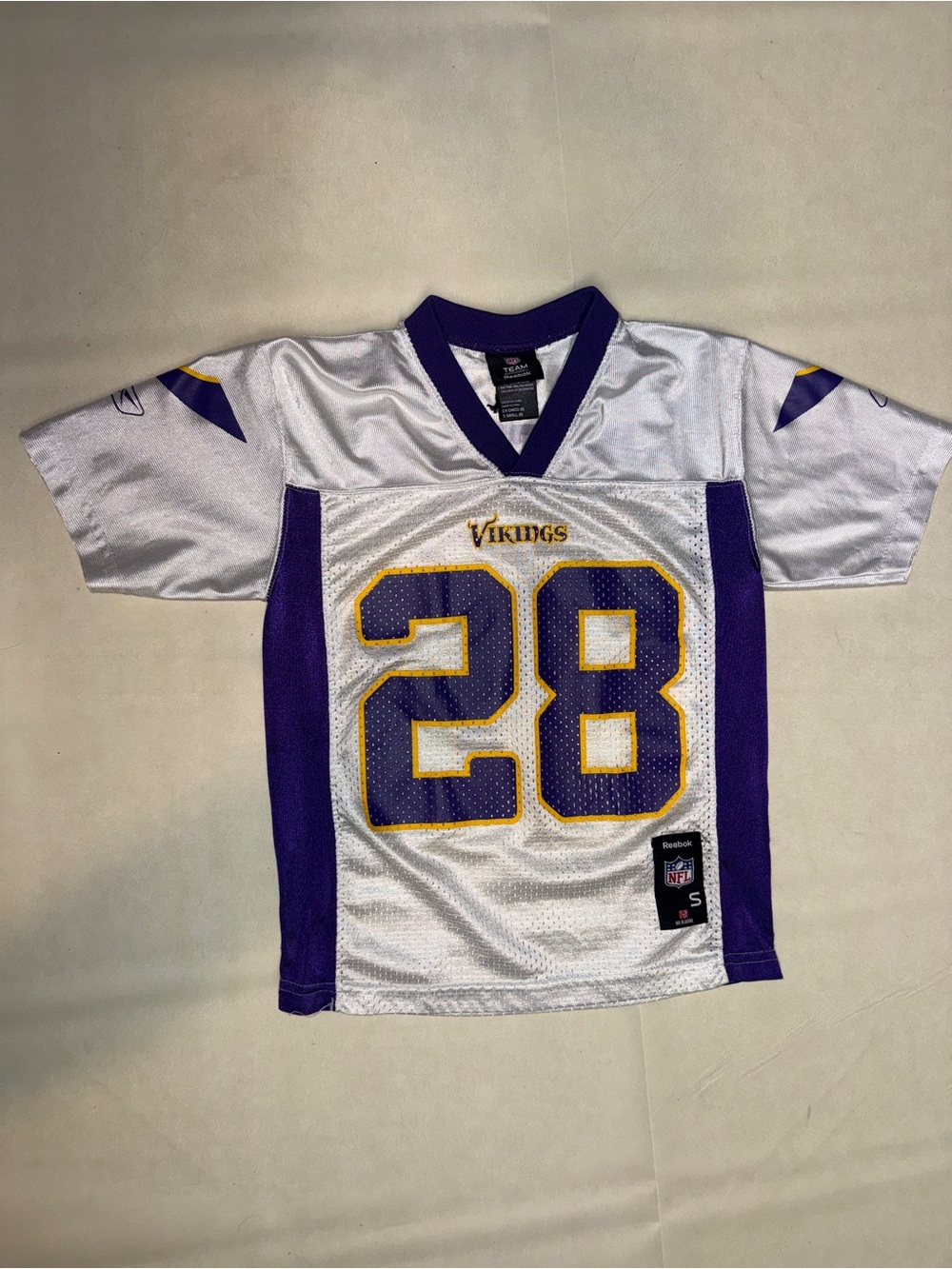Reebok White, Purple & Gold Youth Football Jersey #28